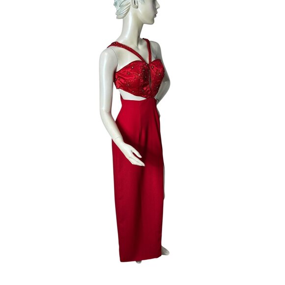 Vintage red formal gown with beaded bodice and cut out sides Size 6 - Picture 5 of 7